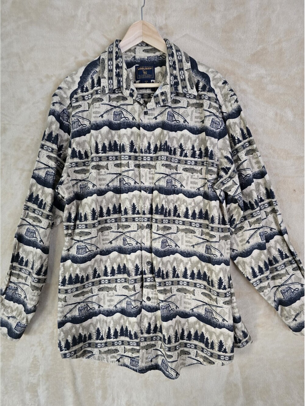 Woolrich Mens XL Sleeve Shirt Flannel Cotton Fly Fishing Print Button Down